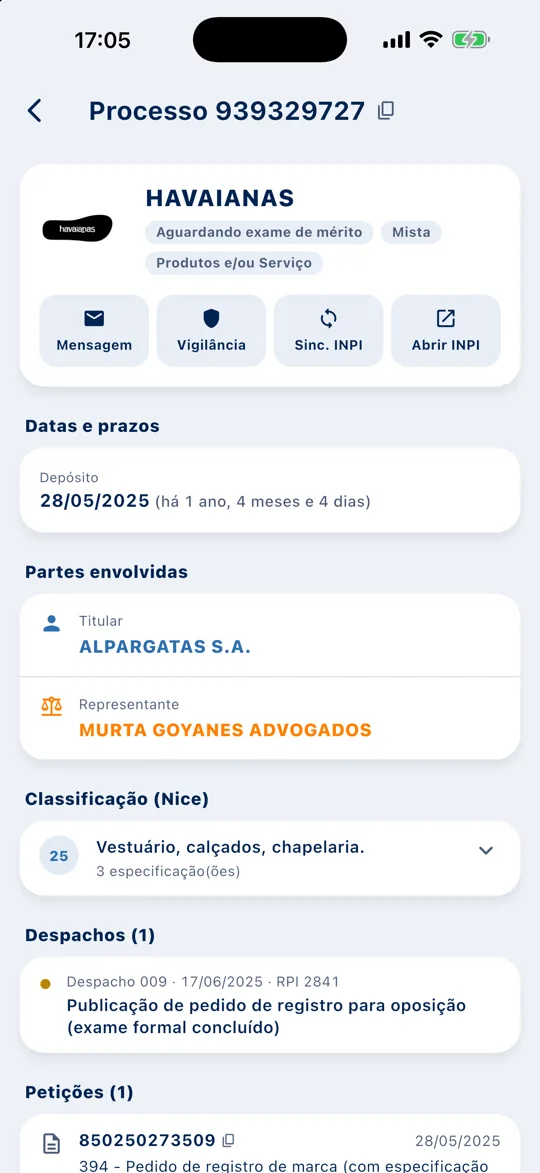Tela Detalhe do processo do app Seção V