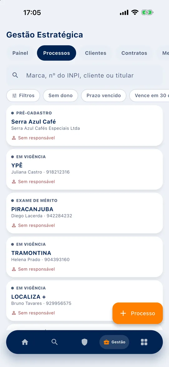 Tela Gestão de processos do app Seção V