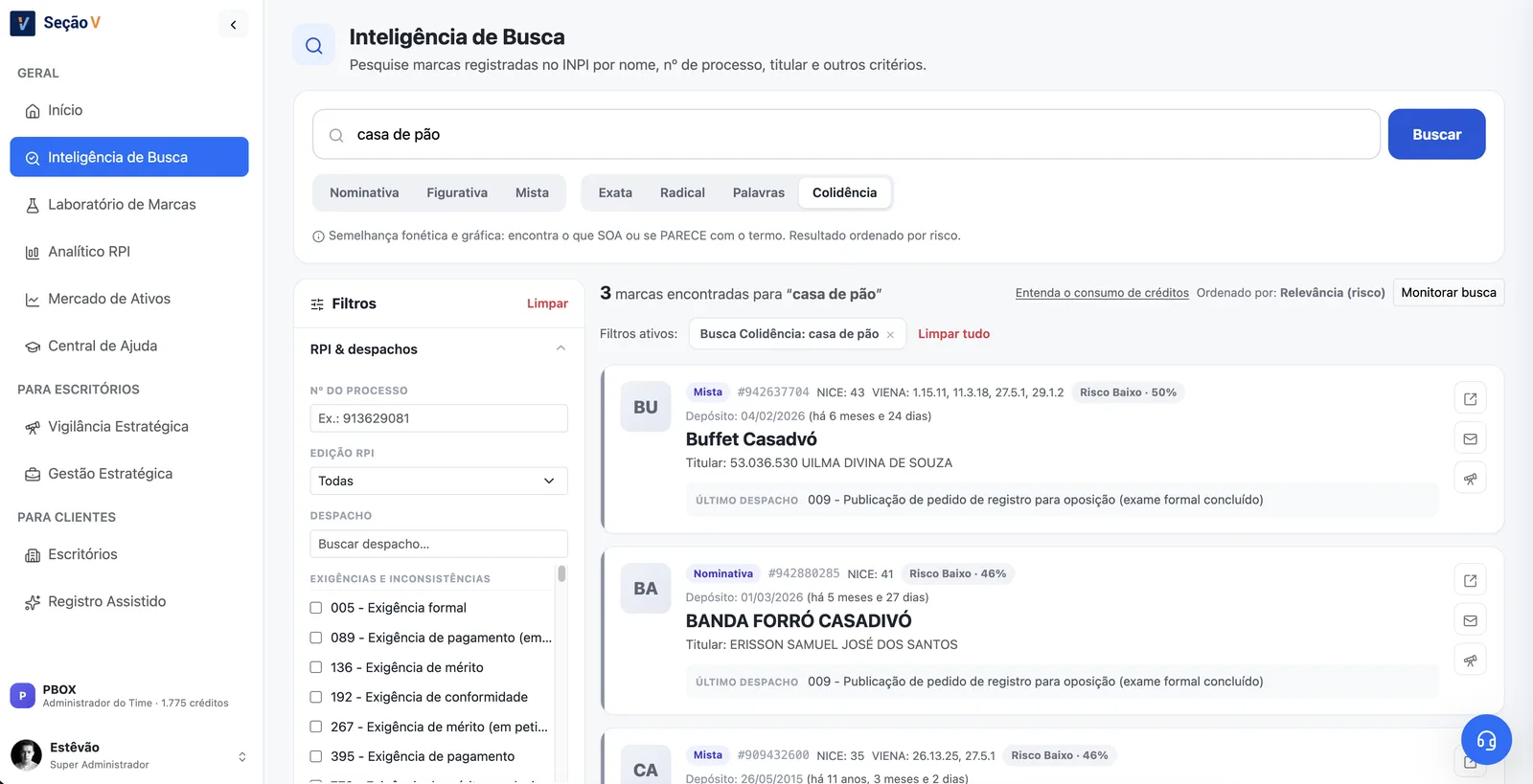 Tela de Inteligência de Busca na plataforma Seção V