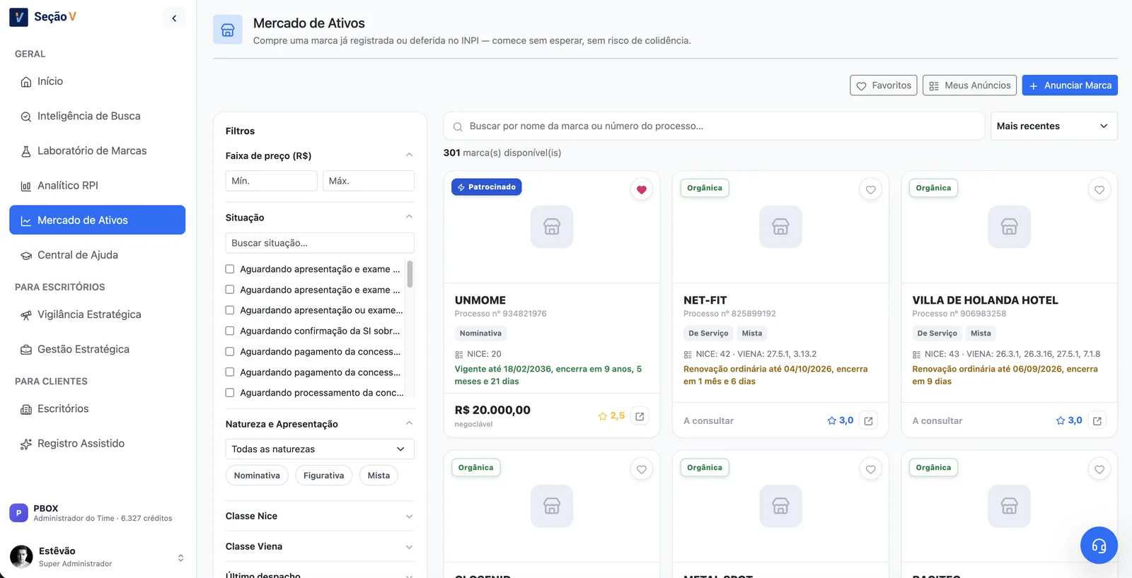 Tela de Mercado de Ativos na plataforma Seção V