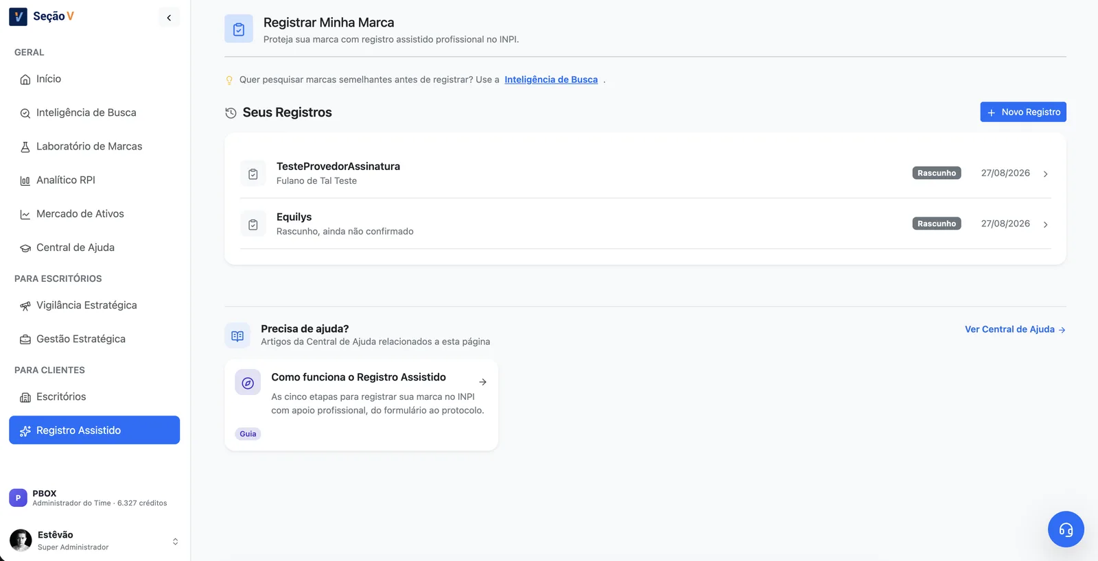 Tela de Registro Assistido na plataforma Seção V